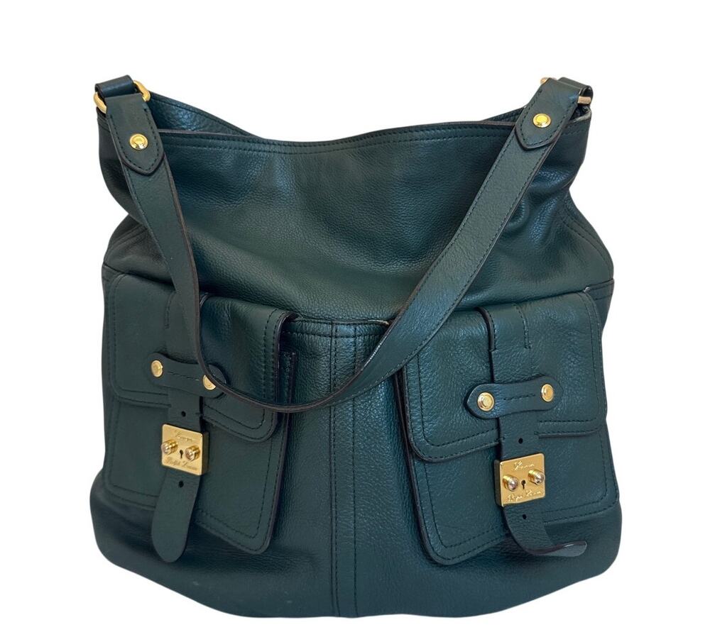 Lauren Ralph Lauren Green Pebbled Leather Cargo Pocket Hobo Shoulder Bag